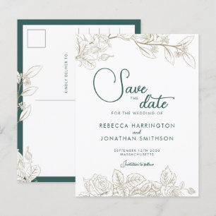 Floral Emerald Green Gold Wedding rettet das Datum Postkarte
