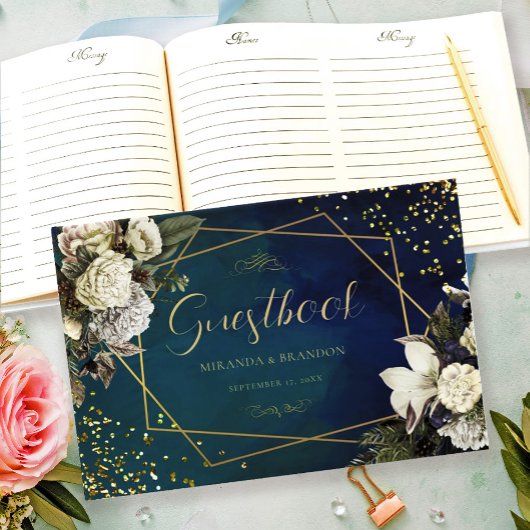 Floral Emerald Green Gold Wreath Wedding Gästebuch