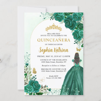 Floral Emerald Green Princess Birthday Quinceanera Einladung