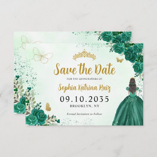 Floral Emerald Green Princess Birthday Quinceanera Save The Date (Vorne/Hinten)