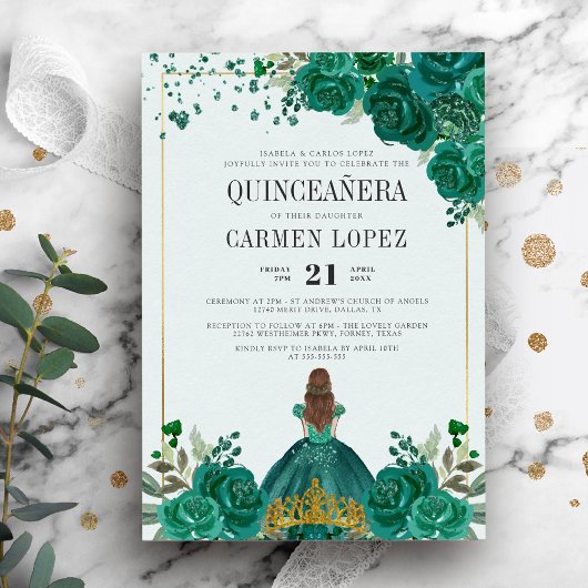 Floral Emerald Green Princess Quinceanera Einladung