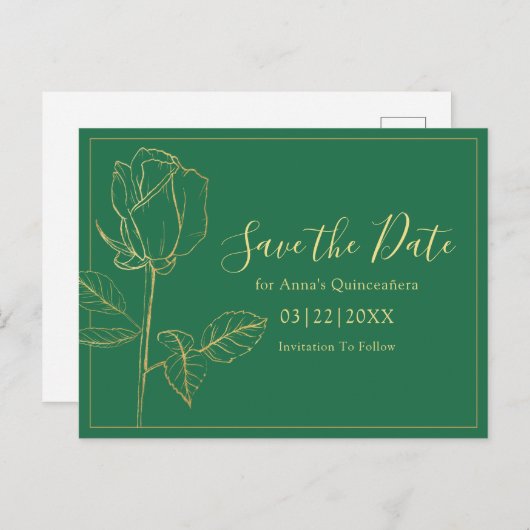 Floral Emerald Green Quinceanera Save the Date Postkarte (Vorne/Hinten)