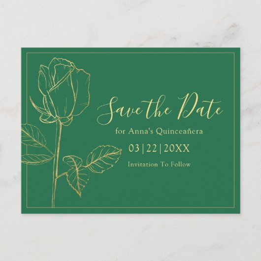 Floral Emerald Green Quinceanera Save the Date Postkarte (Vorderseite)