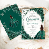 Floral Emerald Green Silver Quinceanera Einladung