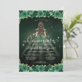 Floral Emerald Green Sparkle Birthday Quinceanera Einladung (Stehend Vorderseite)