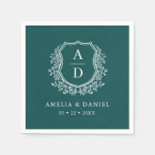 Floral Emerald Green Wappen Wedding Monogram Serviette (Vorderseite)