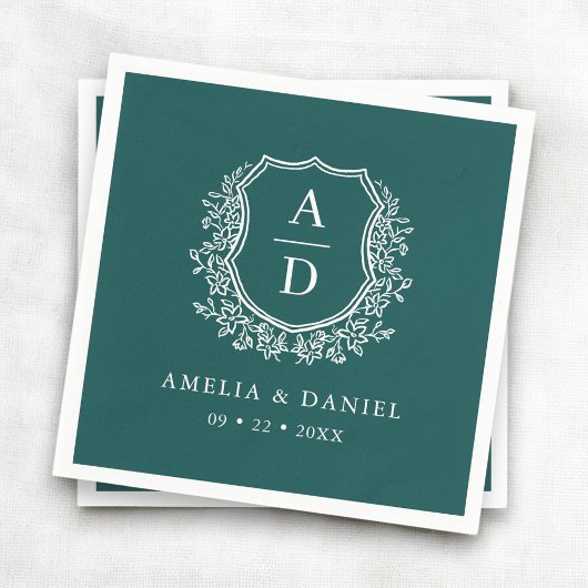 Floral Emerald Green Wappen Wedding Monogram Serviette