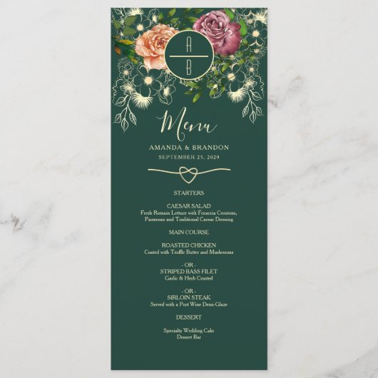 Floral Emerald Green Wedding Menu Menükarte (Vorderseite)