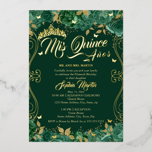 Floral Emerald Scroll Mis Quince Quinceanera Folieneinladung (Vorderseite)
