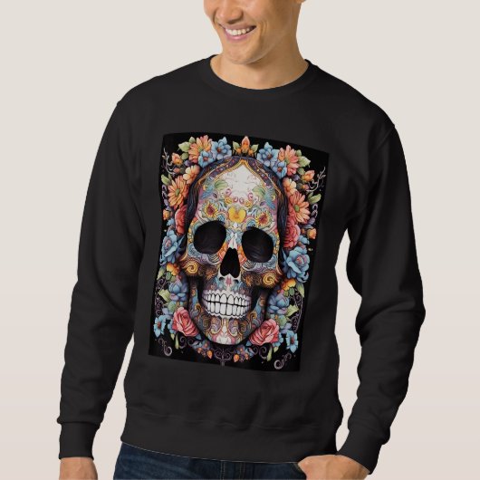 Floral Enigma Vibrant Skull and Blooming Flowers D Sweatshirt (Vorderseite)