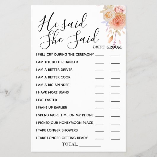 Floral Er sagte, sie sagte, Dusche Spielkarte Flyer (Vorne)