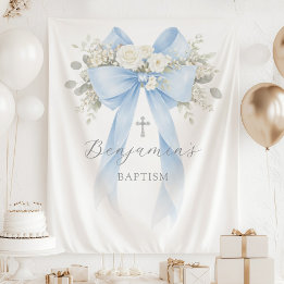  Floral Eucalyptus Blue Bow Baby Boy Baptism Wandteppich