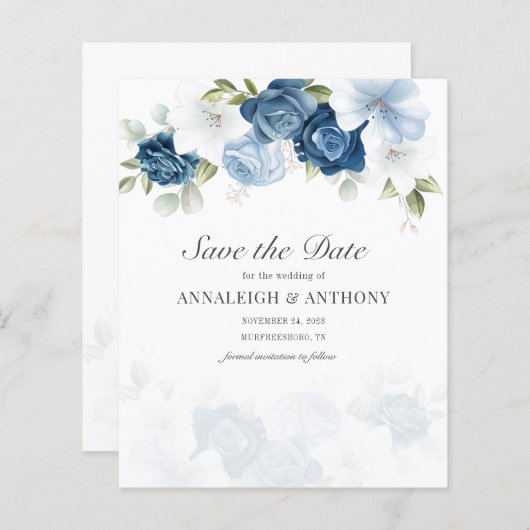 Floral Eucalyptus Dusty Blue Save the Date (Vorne/Hinten)