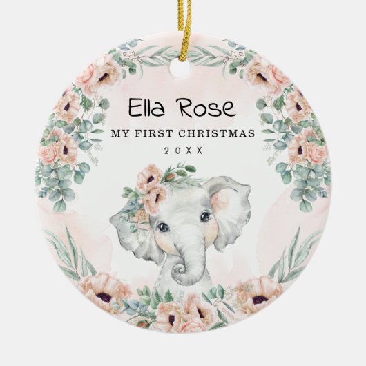 Floral Eucalyptus Elephant Baby First Christmas Keramik Ornament (Vorne)