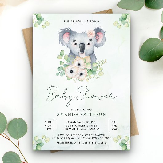Floral Eucalyptus Koala Girl Babydusche Einladung