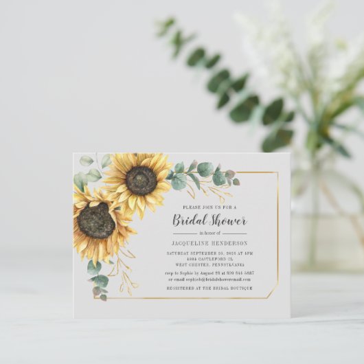 Floral Eucalyptus Sunflower Script-Brautparty Einladungspostkarte (Stehend Vorderseite)
