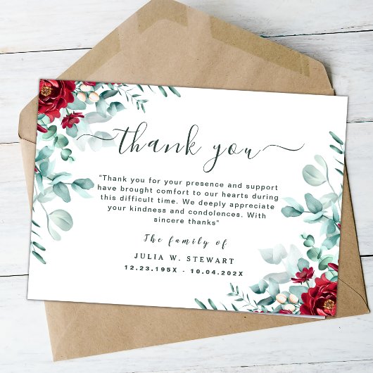 Floral Eukalyptus Moderne Beerdigung Vielen Dank Karte