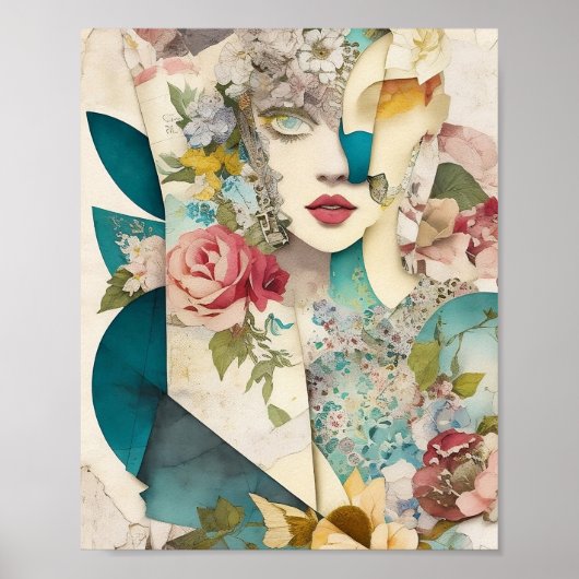Floral Face Mixed Media Collage Ephemere Decoupage Poster (Vorne)