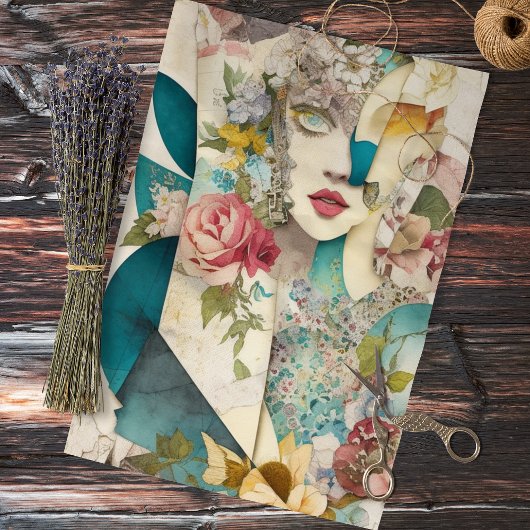 Floral Face Mixed Media Collage Ephemere Decoupage Seidenpapier