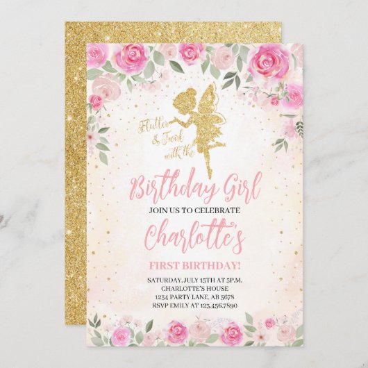 Floral Fairy Birthday Gold Glitzer Einladung (Vorne/Hinten)