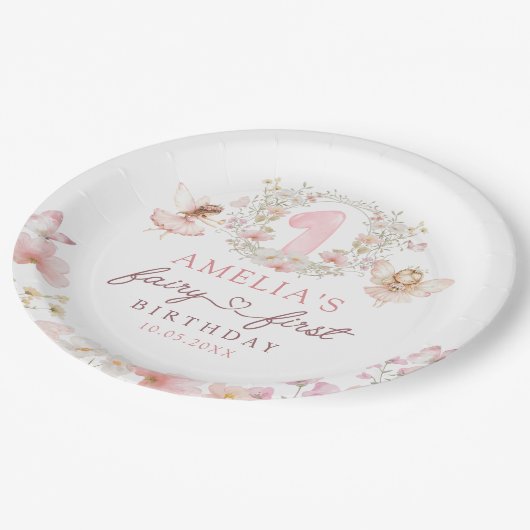 Floral Fairy First Birthday Party Paper Plates Pappteller (Schrägansicht)