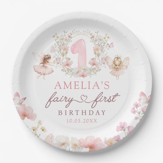 Floral Fairy First Birthday Party Paper Plates Pappteller (Vorderseite)