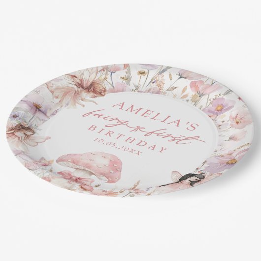 Floral Fairy First Birthday Party Paper Plates Pappteller (Schrägansicht)