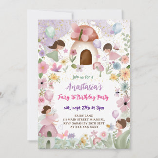 Floral Fairy Girl 1. Geburtstag Einladung