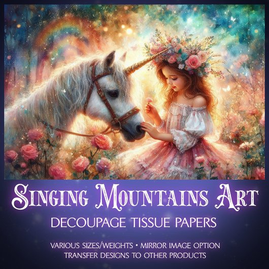 Floral Fairytale Girl and Unicorn Decoupage  Seidenpapier