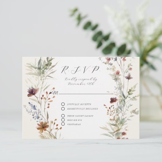 Floral Fall BOHO Wildblume Elfenbeinkühe QR-Code H RSVP Karte (Stehend Vorderseite)