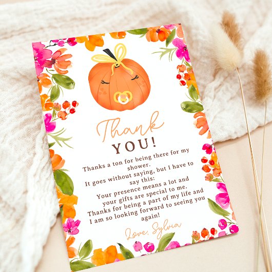 Floral Fall cute little pumpkin baby shower Dankeskarte