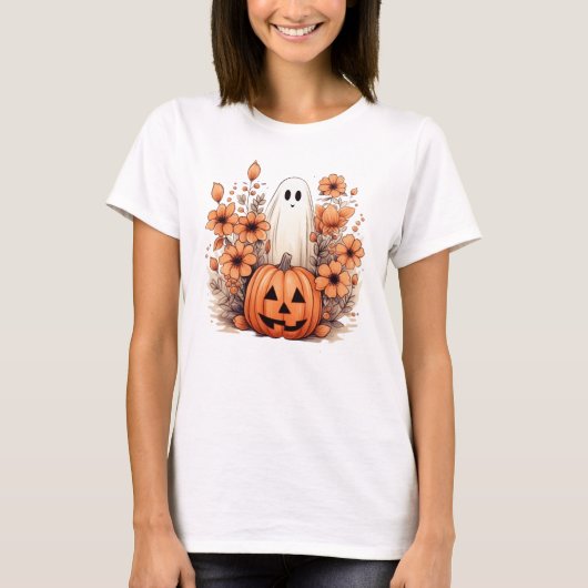 Floral Fall Halloween Pumpkin Ghost T-Shirt (Vorderseite)