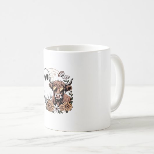 Floral Fall Highland Cow Ghost Kaffeetasse (VorderseiteRechts)