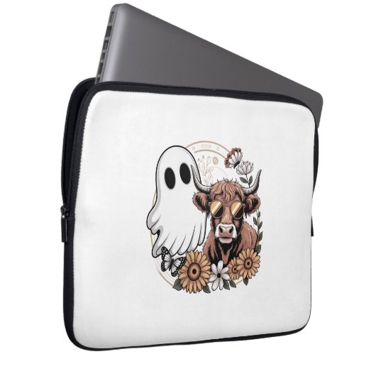 Floral Fall Highland Cow Ghost Laptopschutzhülle (Vorne Rechts)