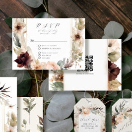 Floral Fall Mute Rose Peony Peach QR Code Hochzeit RSVP Karte