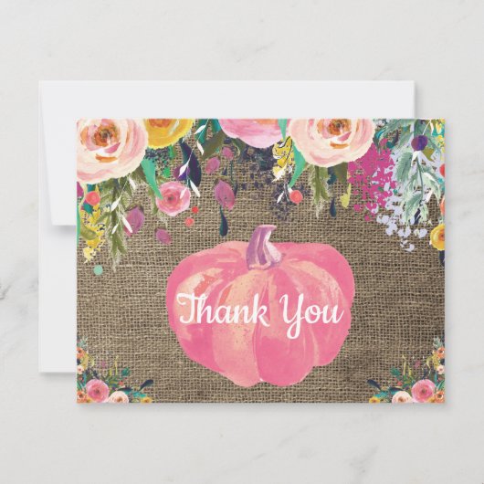 Floral Fall Pumpkin Burlap Danke Karte (Vorderseite)