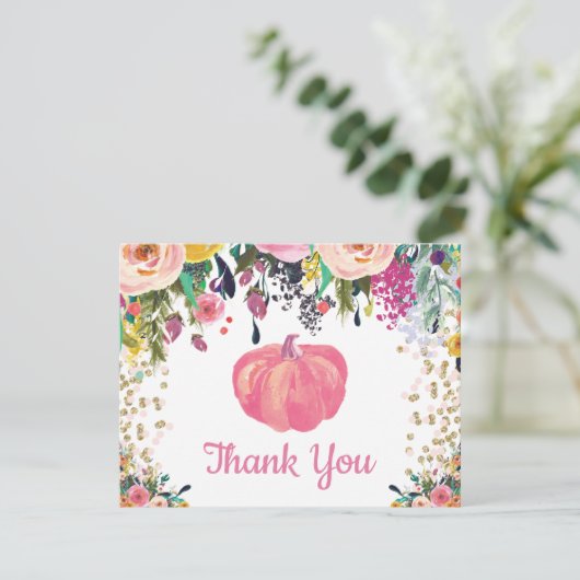 Floral Fall Pumpkin Pink Gold Glitzer Confetti Dankeskarte (Stehend Vorderseite)