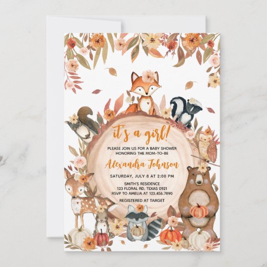 Floral Fall Pumpkin Woodland Babydusche Einladung (Vorderseite)