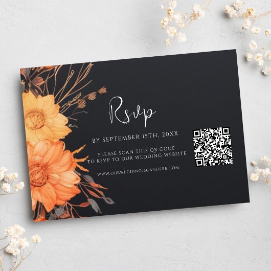 Floral Fall QR Code Black Wedding RSVP Karte
