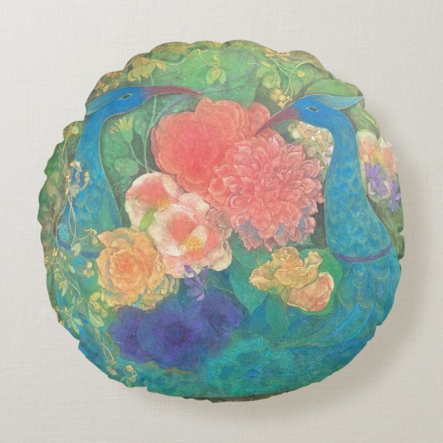 Floral Fantasia: Peacocks in Bloom Rundes Kissen (Vorderseite)