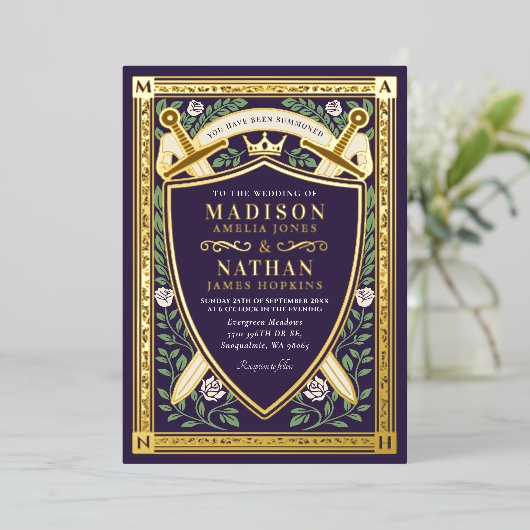 Floral Fantasy Swords Shield Monogram Wedding Folieneinladung (Stehend vorne)