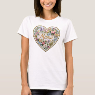 Floral Faux Embroidery Heart Mama T-Shirt