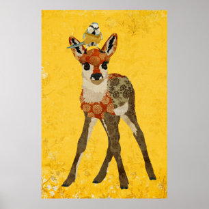 Floral Fawn & Little Bird Art Poster