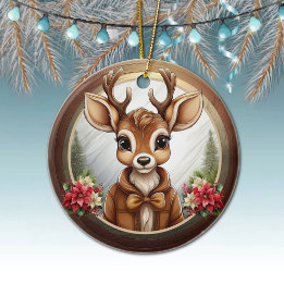 Floral Fawn Poinsettia Design Christmas theme 🦌🎄 Keramik Ornament