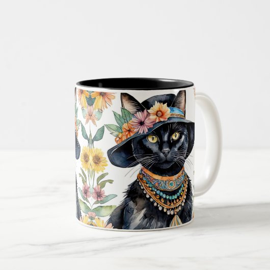 Floral Feline mit Hat 11 oz Zweifarbige Tasse (VorderseiteRechts)
