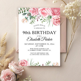 Floral feminine pink flowers 90th birthday party einladung