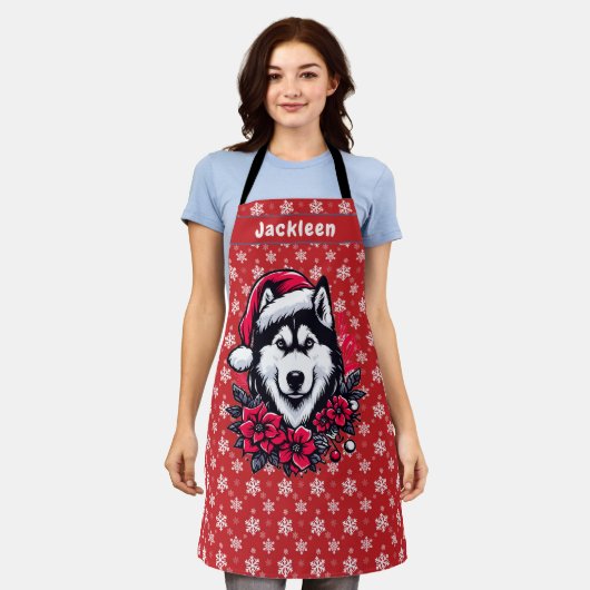 Floral Festive Santa Husky Hund Personalisierter N Schürze (Getragen)