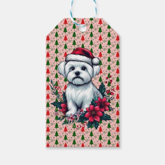 Floral festlicher maltesischer Hund mit Weihnachts Geschenkanhänger (Vorderseite)