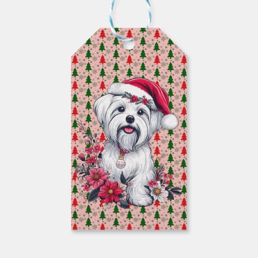Floral festlicher maltesischer Hund mit Weihnachts Geschenkanhänger (Rückseite)