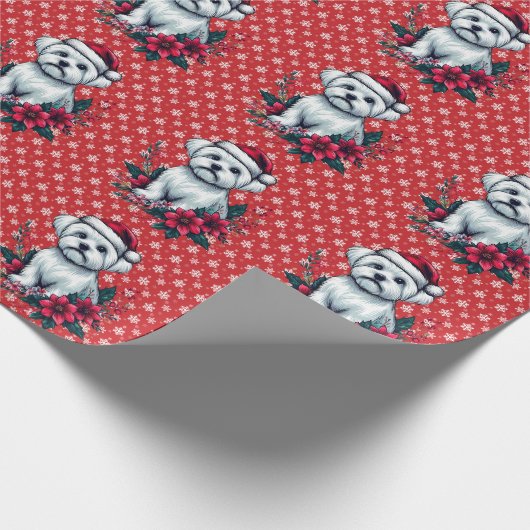 Floral festlicher maltesischer Hund mit Weihnachts Geschenkpapier (Ecke)